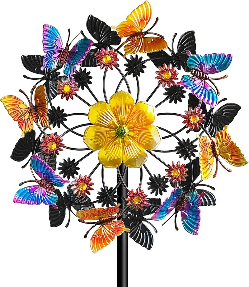Senflame Double Blade Butterfly Wind Spinners, Outdoor Garden 360° Swivel Spinners 50 inch Garden Stakes Decor, Metal Flower Pinwheels for Yard and Lawn - Image 1